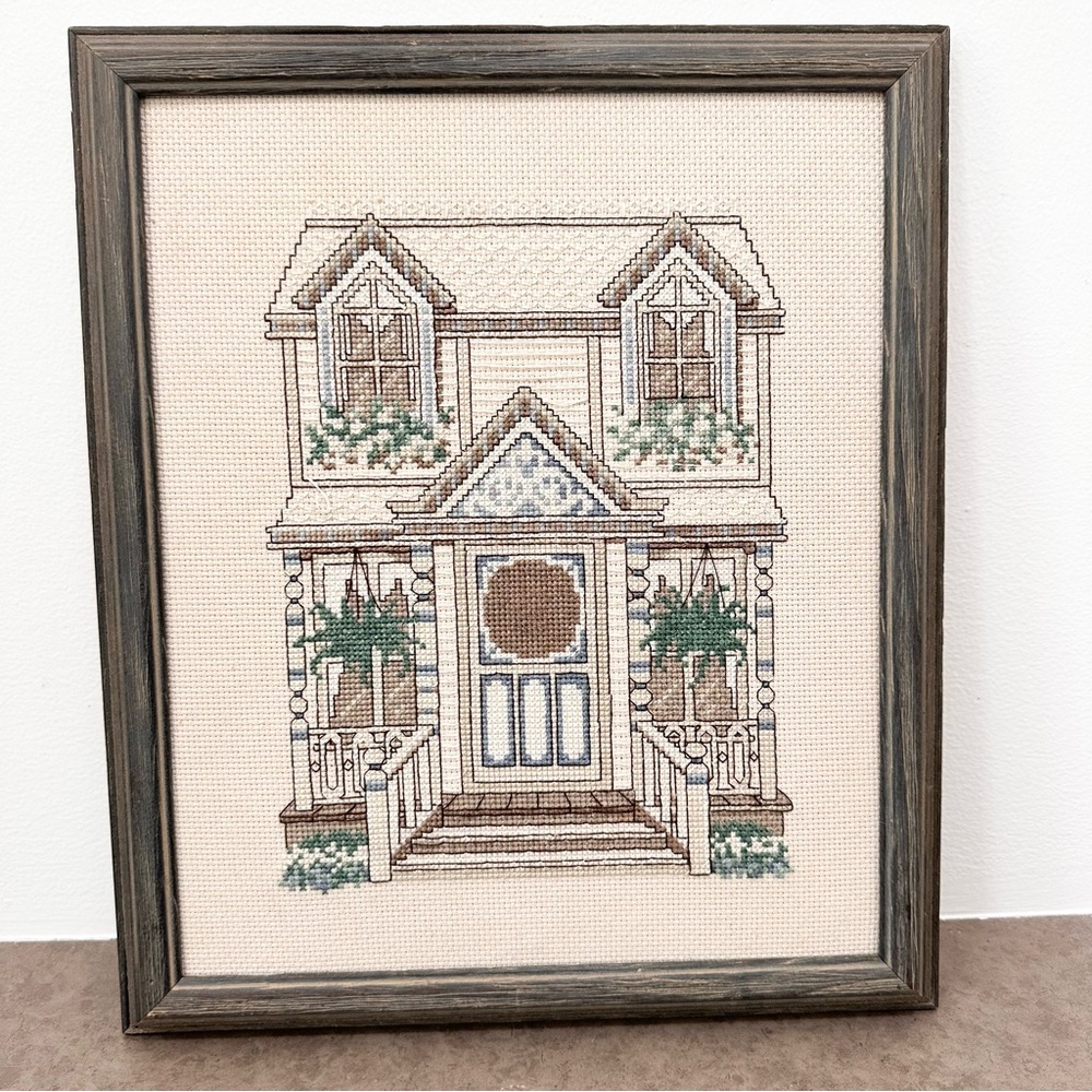 Vintage Victorian House Needlework Charming Wood Framed Cross-Stitch House Art
